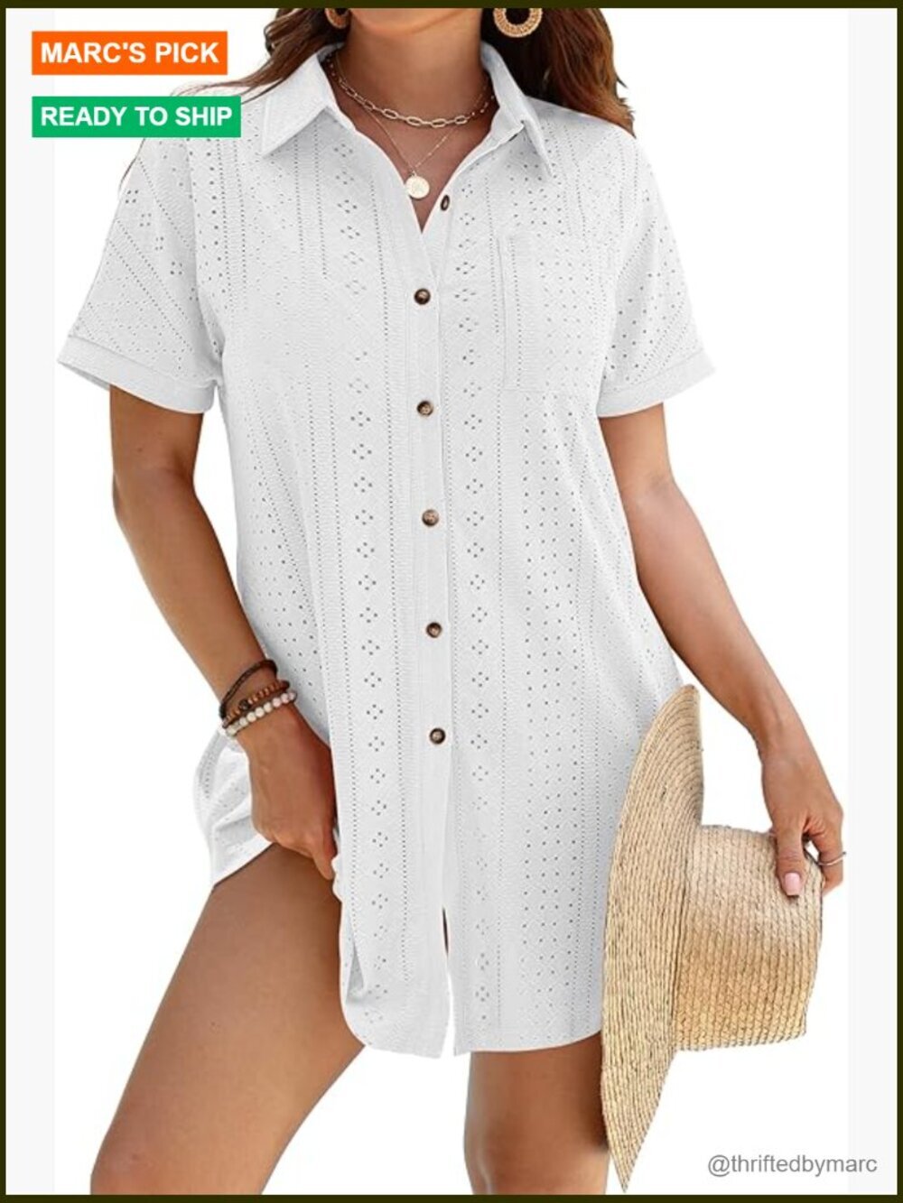 Women's Button Down Eyelet Beach Shirt Dress Swimsuit Coverup Summer Vacation
